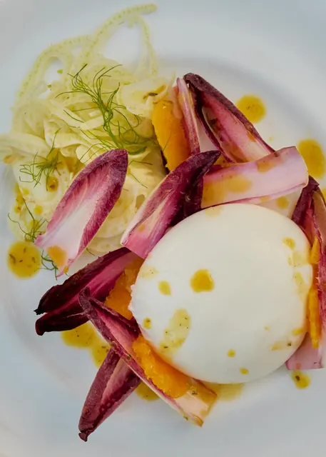Burrata with shaved fennel, red endive and orange