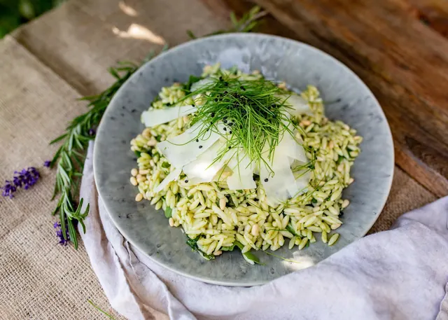 Pesto orzo with shaved parmesan and pine nuts